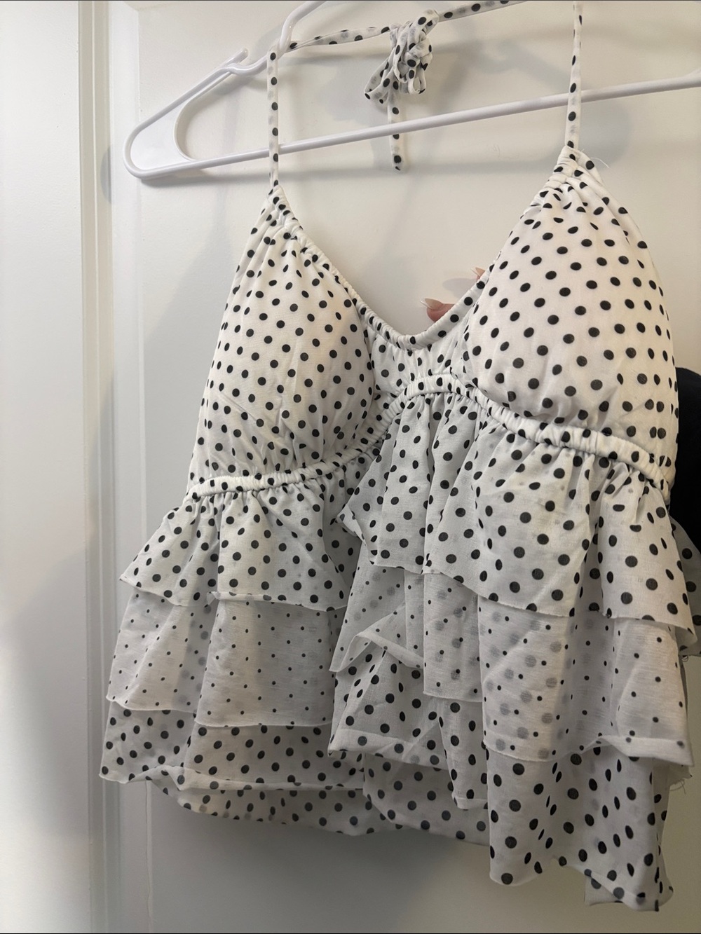 Polka Dot Tiered Ruffle Halter Sleep Top - White/Black